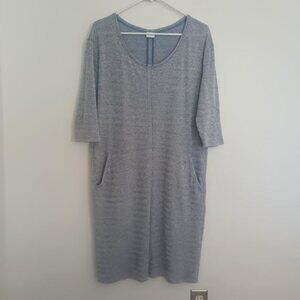 POETRY DRESS 3/4 SLEEVE BLUE WHITE FRONT POCKETS STRETCH HEMP COTTON SIZE 8